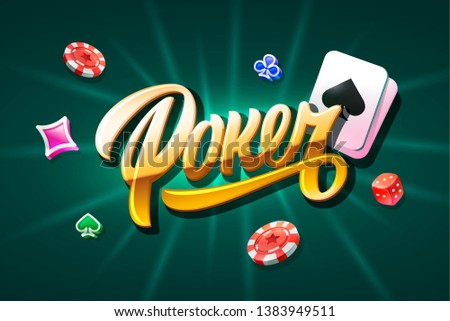 Poker calligraphy isolated on violet background with casino icons. Vector illustration.