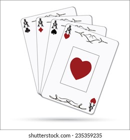 Poker card, ace of clubs, diamonds, hearts, spades, set isolated on white background