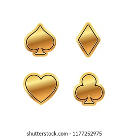 Poker card aces symbols, Heart, spade, diamond, clover, shiny golden vector illustrations.