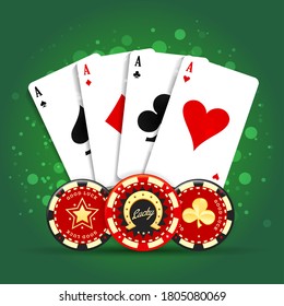 Poker card and chips. Spades hearts diamonds clubs aces and lucky chips. Vector illustration.