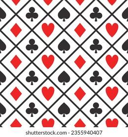 Poker card game pattern, seamless vector casino background with card suits, clubs, hearts, spades and diamonds with black lines and white background