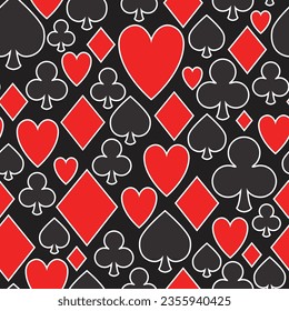 Poker card game pattern, vector seamless casino background with card suits, clubs, hearts, spades and diamonds with white outline