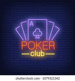 Poker card lettering with playing cards. Neon icon on brick background. Game, nightclub, casino. Gambling concept. For topics like entertainment, leisure, nightlife