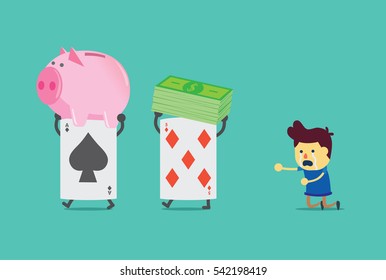 Poker card lifting dollar bill and piggy bank of man.He waste a lot of money from gambling.