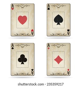 Poker card old, ace of clubs, diamonds, hearts, spades, set isolated on white background