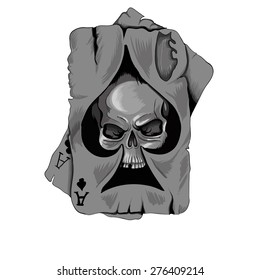 Poker card old ace of spades with skull isolated on white background