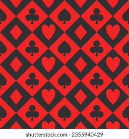 poker card pattern, seamless vector casino background with card suits, clubs, hearts, spades and diamonds with black and red checks