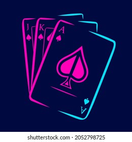 Poker card and playing in casino line pop art logo. Colorful design with dark background. Abstract vector illustration. Isolated black background for t-shirt, poster, clothing, merch, apparel. 