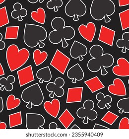 Poker card repeat pattern, vector seamless casino background with card suits, clubs, hearts, spades and diamonds with white outline