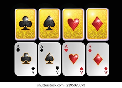 Poker card set, vector luxury gold ace, casino game icon set, vintage back ornament, clubs spades. Retro Vegas UI element, traditional 3D paper front rear side design. Poker card hearts, diamonds