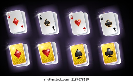 Poker card set, vintage back ornament, vector luxury gold ace, casino game icon set, clubs spades. Traditional 3D paper front rear side design, retro Vegas UI element. Poker card hearts, diamonds