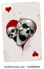 Poker card with skulls. Hearts. Grunge dirty style.