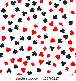 Poker card suit seamless pattern background. Black spades and clubs. Red hearts and diamonds singns. Abstract vector backround.
