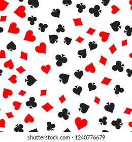 Poker card suit seamless pattern background. Black spades and clubs. Red hearts and diamonds singns. Abstract vector backround.