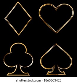 Poker card suits, golden frame - hearts, clubs, spades and diamonds. Isolated on black background. 