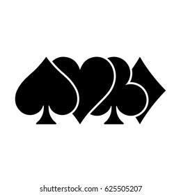 Poker card suits - hearts, clubs, spades and diamonds - on white background. Casino gambling theme vector illustration. Partly overlapped black shapes with white outline.