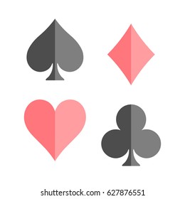 Poker card suits - hearts, clubs, spades and diamonds - on white background. Casino gambling theme vector illustration. Black and red shapes with simple glossy effect.