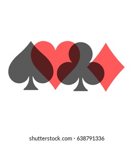 Poker card suits - hearts, clubs, spades and diamonds - on white background. Casino gambling theme vector illustration. Black and red transparent shapes partly overlapping.