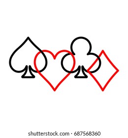 Poker card suits - hearts, clubs, spades and diamonds - on white background. Casino gambling theme vector illustration. Black and red outline shapes partly overlapping.