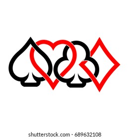 Poker card suits - hearts, clubs, spades and diamonds - on white background. Casino gambling theme vector illustration. Black and red outline shapes partly overlapping.