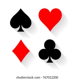 Poker card suits - hearts, clubs, spades and diamonds - on white background. Casino gambling theme vector illustration. Black and red shapes with long shadow effect.