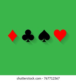 Poker card suits - hearts, clubs, spades and diamonds - on green background. Casino gambling theme vector illustration. Black and red shapes with long shadow effect.