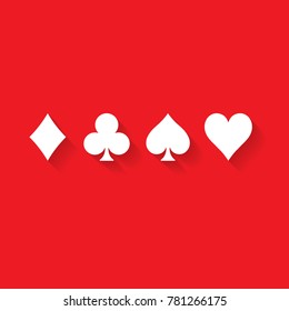 Poker card suits - hearts, clubs, spades and diamonds - on red background. Casino gambling theme vector illustration. White shapes with long shadow effect.