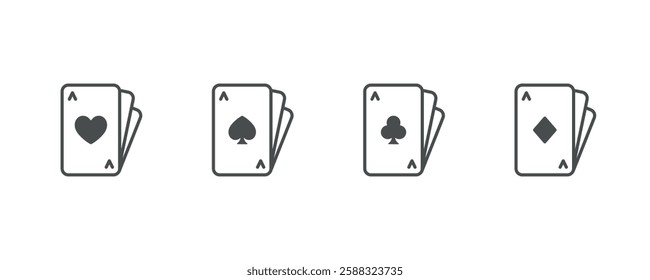 Poker Card Suits Icon Set. Thin Line Illustration of Fanned Playing Cards Featuring Heart, Spade, Club, and Diamond Aces for Gambling and Casino Games. Isolated Vector Symbols.