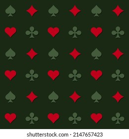 Poker Card Suits Seamless Pattern on Green Background. Vector