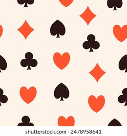 Poker card Suits. Spades, Hearts, Diamonds and Clubs. Hand drawn Vector illustration. Tournament, game, casino, poker, gambling, game, fun concept. Square seamless Pattern. Background, wallpaper