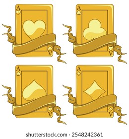 Poker card surrounded by a ribbon, poker symbols of heart, diamond, club and ace