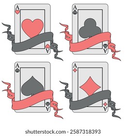 Poker card surrounded by a ribbon, poker symbols of heart, diamond, club and ace