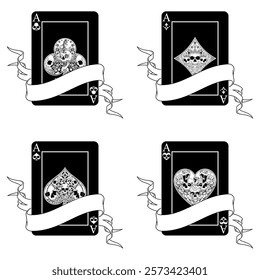 Poker card surrounded with a ribbon, poker symbols of heart, diamond, club and ace with different skull designs