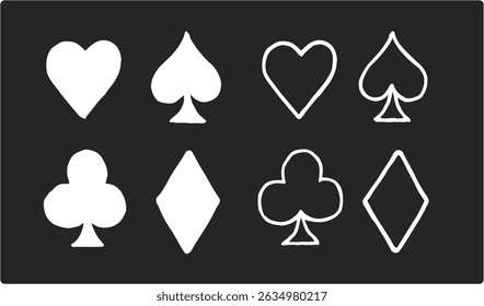 Símbolos de Cartas de Poker Copos Diamantes Espadas Branco desenhado à mão no fundo cinza 
