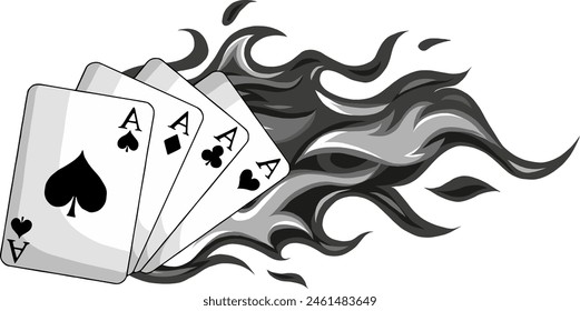poker cards aces with flames on white background