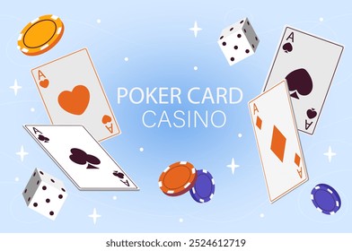 Poker cards casino. Aces of different suits and dice, red and blue chips. Gambling, games for fortune and luck. Blackjack and jackpot. Isometric vector illustration isolated on blue background