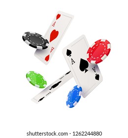 Poker cards casino background. Ace vegas chip flying stack. Gamble casino card falling design.