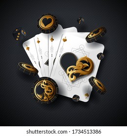 Poker cards casino background. Ace dice vegas chip flying stack. Gamble casino card falling design.