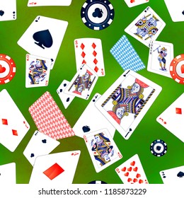 A lot of poker cards and casino chips on green background, seamless pattern