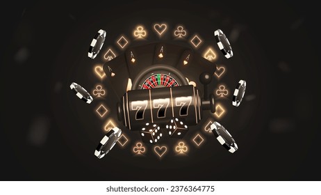 Poker cards with a casino slot machine with dice, chips and roulette on the background of a golden frame of hearts, spades, diamonds and crosses.