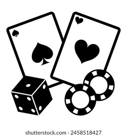 Tarjetas de póquer, fichas y dados icono aislado: juegos de azar, juegos y concepto de casino