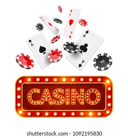 Poker cards and chips falling and casino vintage glowing neon singage. 3d online Casino and jackpot symbol, gambling game for luck and money. vector illustration