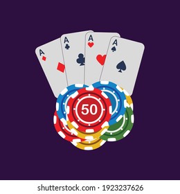 Poker cards with chips on table. Casino, gambling concept. Vector illustration