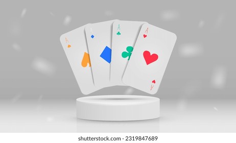 Pokerkarten in verschiedenen Farben auf einem weißen Podium. Ein Konzept für eine 3D-Casino-Website.