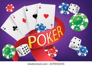 poker cards with flying casino chips and dice,vector illustration poker casino online game web background design.