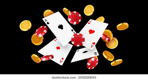 Poker cards with flying coins and chips. Casino concept. Vector illustration