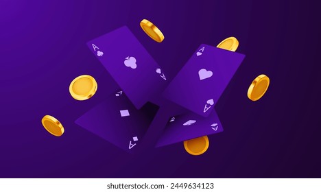 Poker cards with flying coins and chips. Casino concept. Vector illustration