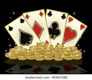 Poker cards and golden coins, vector illustration