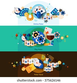 Poker with cards money chips and wine horizontal banners set flat isolated vector illustration 