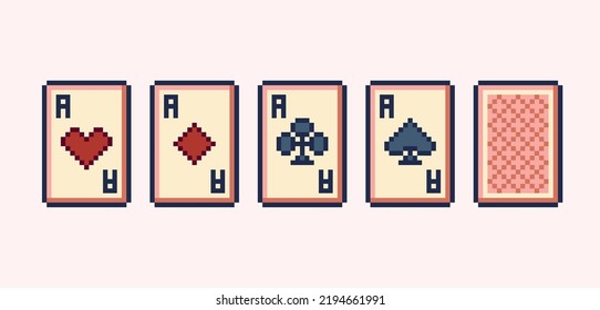 Poker cards pixel art set. Ace clubs, diamonds, hearts, crosses collection. 8 bit sprite. Game development, mobile app.  Isolated vector illustration.